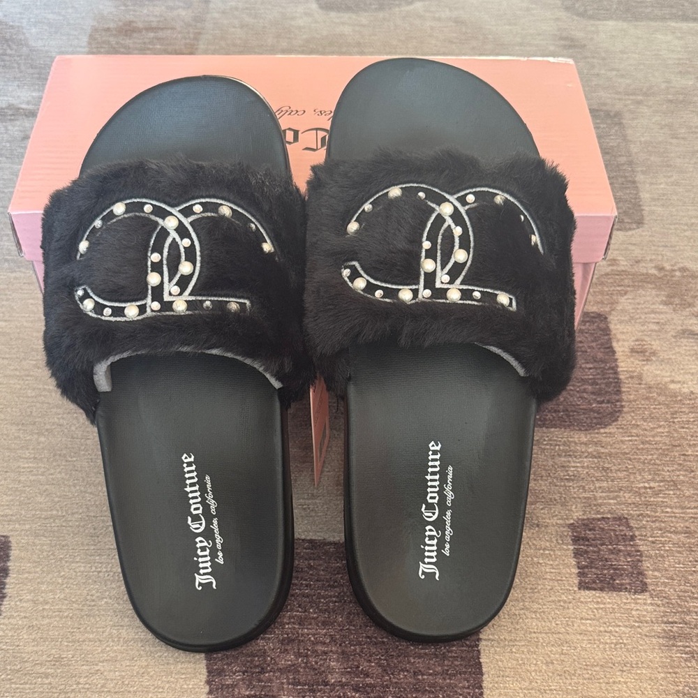 Juicy Couture Black Fur Slippers with Pearl Accents
